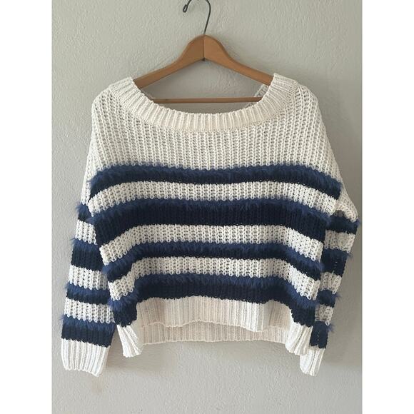 Women's It's Our Time Knit Stripped  Off the Shoulder Winter Sweater Size Medium - Picture 2 of 6